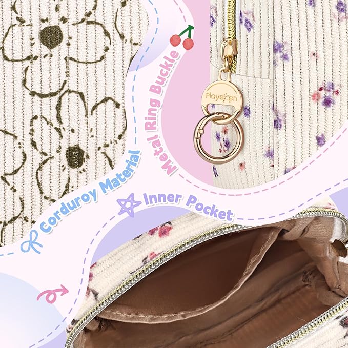 Floral Period Bag, Small Period Pouches for Teen Girls, Corduroy Sanitary Napkin Storage Bag, Compact Discreet Pad and Tampon Holder for Purse (Plum-Beige)