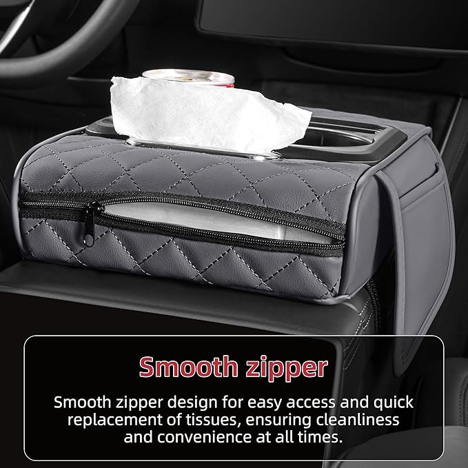 5 in 1 Car Center Console Cover, Armrest Pad with 2 Storage Pockets, Cup Holder, Tissue Slot, Phone Holder, Nappa Leather Memory Foam Car Accessories for SUV Sedan Truck (Gray)