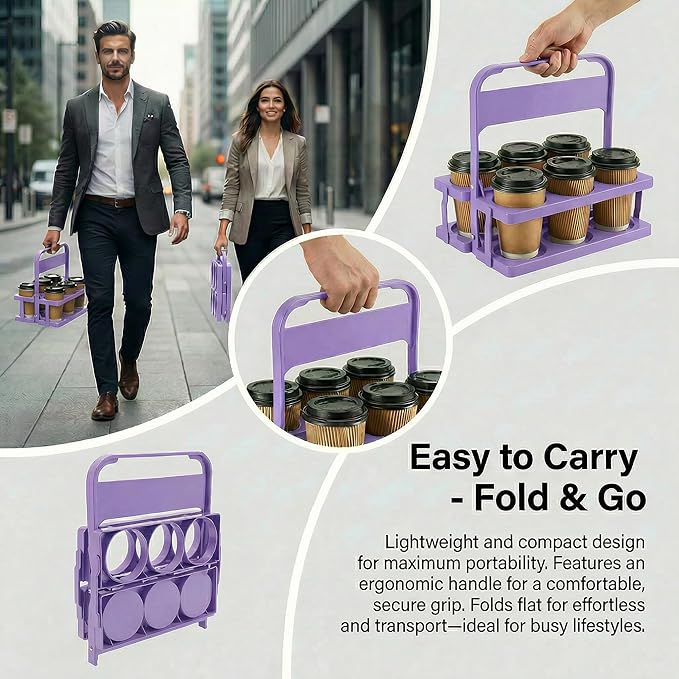 6 Cup Drink Carrier for Delivery - Foldable Drink Holder with Handle, Reusable Cup Carrier for Drinks, Portable Beverage Caddy Accessories for Parties, Camping, Car, Coffee & Bottles (Lavender)
