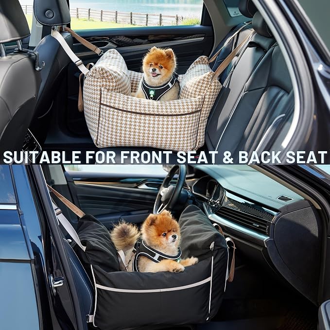 ZOMISIA Dog Car Seat for Small to Medium Dogs - Waterproof Pet Booster Seat with Clip-On Safety Leash, Carrier for Puppy up to 25 lbs, Memory Foam Filling & Adjustable Buckles, Green Houndstooth