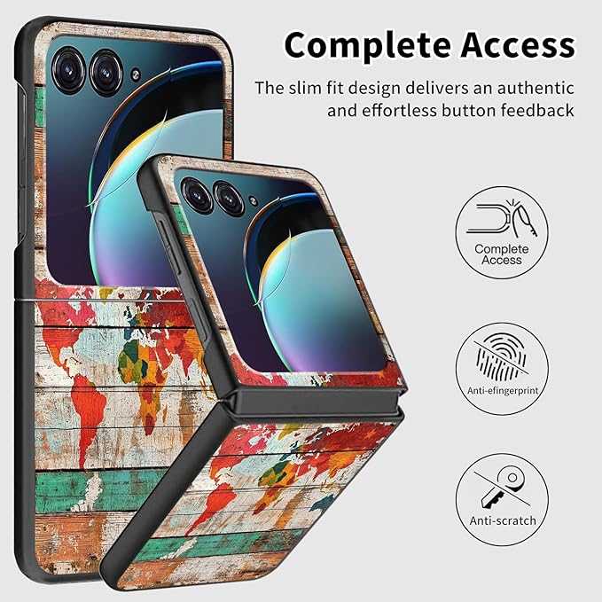 for Motorola Razr Plus 2025 Case,for Razor Plus 2025 Phone Case Cute Slim Hard PC Ultra-Thin Anti-Scratches Shockproof Protective Cover,Wood World Map