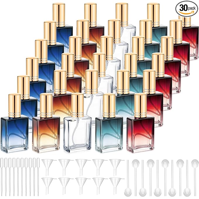 Domensi 30 Pcs 10/15/30/50 ml Glass Perfume Bottles Mini Glass Empty Spray Atomizer Bottles Bulk Refillable Perfume Dispenser Container with Pump Tool for Travel Skin Care (15 ml,Amber Color)