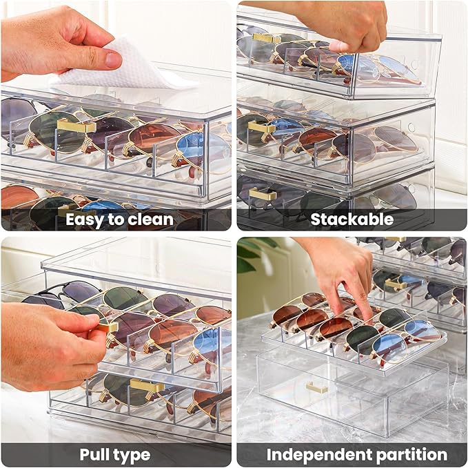 LALOBLUE Clear Acrylic Sunglasses Organizer, Stackable Eyeglass Storage Case with Gold Handles, Glasses Display Holder