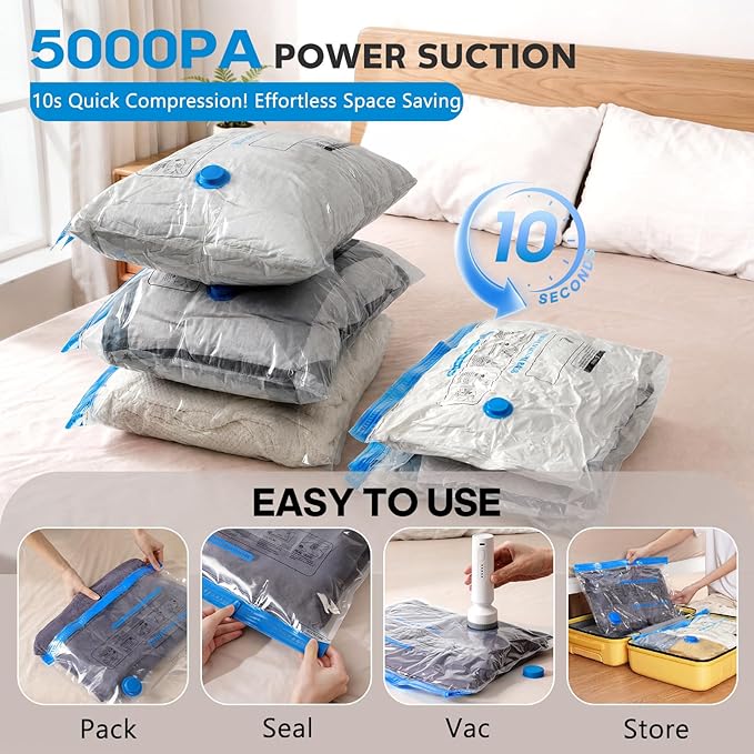 15 Pack Vacuum Storage Bags with Pump, Space Saver Travel Bags with Rechargeable Wireless Pump, Reusable Tear-Proof Compression Packing Cubes for Heavy Clothes/Bedding/Luggage/Moving 15 Combo Size