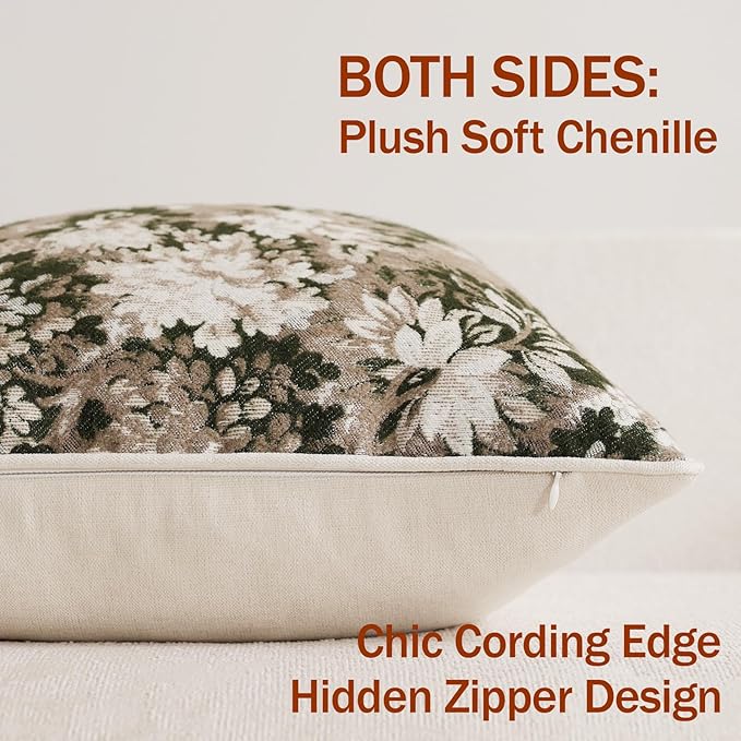 DEZENE Pack of 2 Vintage Floral Throw Pillow Covers 16x16 Boho Farmhouse Accents Chenille Square Decorative Pillow Cases for Living Room Couch Bed Home Decor, Green and Taupe