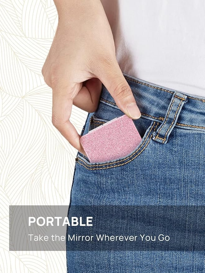 OMIRO Compact Mirror, Glitter PU Leather 1X/3X Magnification, Ultra Portable for Purses, 2.4" W x 3.4" L (Pink)