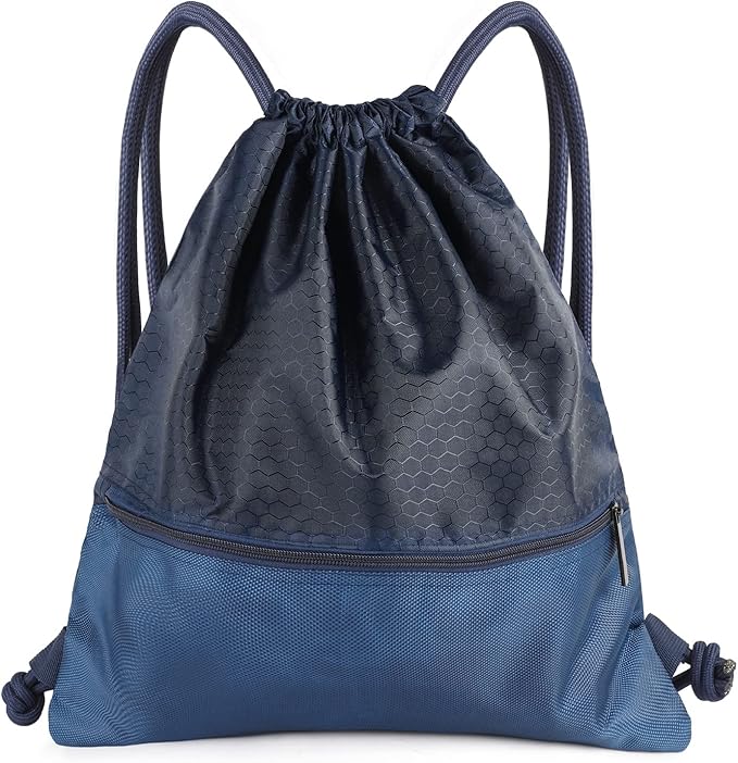 Drawstring Backpack Bag, Waterproof Draw String Back Sack with Zip Pocket, Gym Drawstring Bags Swim Bag for Men Women