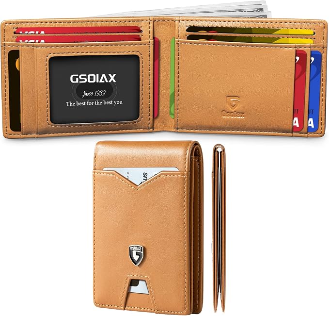 GSOIAX Slim Wallet for Men Rfid Blocking Leather Bifold Front Pocket Carbon Fiber Men's Money Clips Credit Card Holder With Gift Box