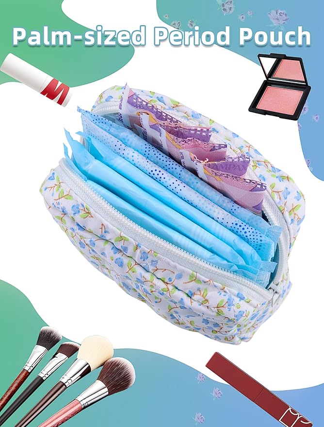 Period Bag for Girls, Quilted Period Pouch for Women, Floral Sanitary Napkin Storage Bag Menstrual Pad Pouches Tampon Holder for Purse Pad Bag Gifts for Teen Girls(Blue)