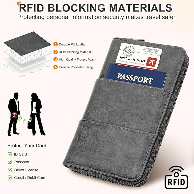 Family Passport Holder Wallet with Zipper, RFID Blocking Travel Document Organizer, PU Leather Passport Wallet for Women Men, Passport Cover Travel Wallet for Boarding Pass, ID, Money, Ticket