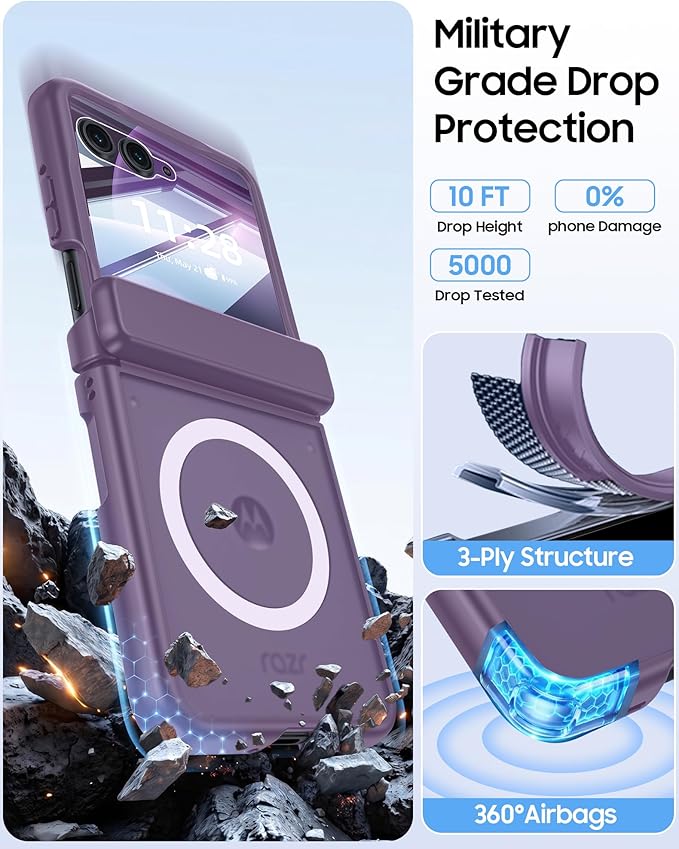 Magnetic for Motorola Razr+ Plus 2026,Razr+ 2025/2024 Case,Hinge Protection, Screen Protector, Compatible with MagSafe, Translucent Frosted, Shockproof Cover for Razr+ 2026/2025/2024-Purple