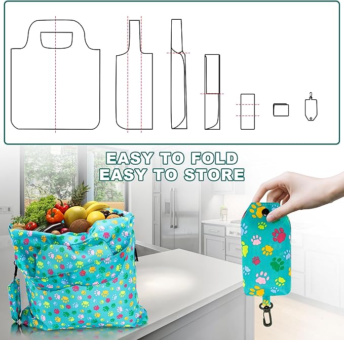 HOLYLUCK Reusable Grocery Bags,Heavy Duty Foldable Shopping Tote Bag (Standard, 3 Green Dog Paw Prints)