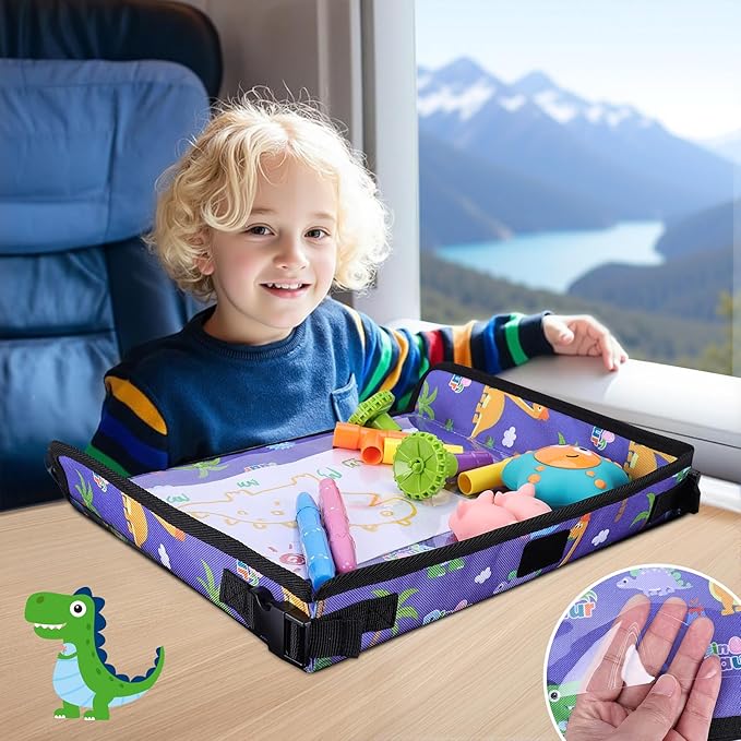Kids Tray Table Cover, Airplane Tray Cover with Pockets, Airplane Travel Essentials for Kids, Portable Airplane Must Haves for Toddler on Plane or Train and Flying Supplies (Blue)