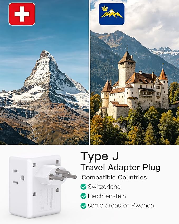 2 Pack Switzerland Travel Plug Adapter, Type J Power Adapter Works in Switzerland, Liechtenstein, Rwanda, 3 Outlets 3 USB Ports, Travel Essentials