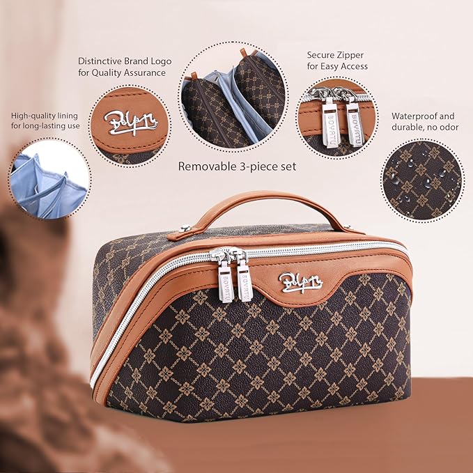 BOYATU Travel Makeup Bag Cosmetic Bags for Women: 3 Pcs Set Large Portable Make up Bag with Handle - Vegan Leather Toiletry Bags with Compartments - Makeup Organizer for Travel Essentials(A-1-Coffee)