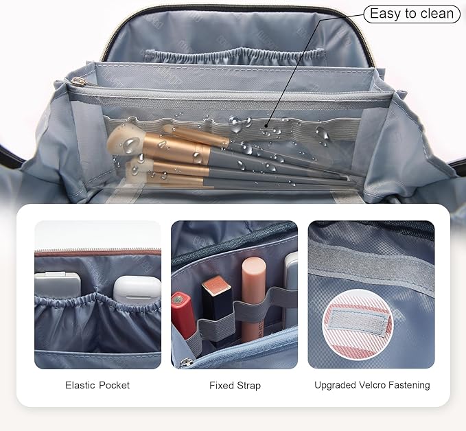 BOYATU Travel Makeup Bag Cosmetic Bag for Women: 3 Pcs Set Striped Make up Bag with Compartments - Waterproof Vegan Leather Toiletry Bags with Handle - Makeup Organizer for Travel Essentials(A-3-Pink)