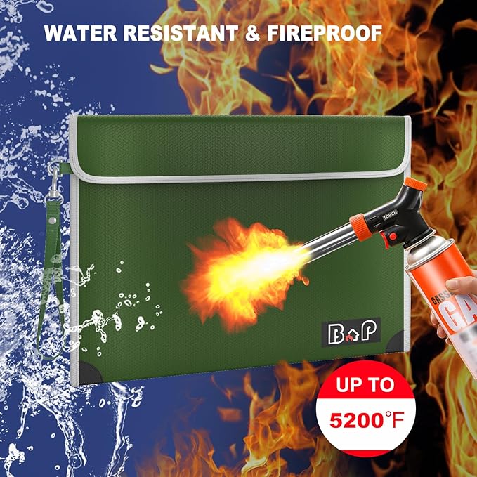 Fireproof Bag with Lock - 4200°F Heat Insulated, Waterproof Fireproof Money Bag with Zipper, Fireproof Document Bag for for Letter,A4,A5 Size Documents/Cash/Valuables/Passport, 13.9"x10.6"(Olive Drab)