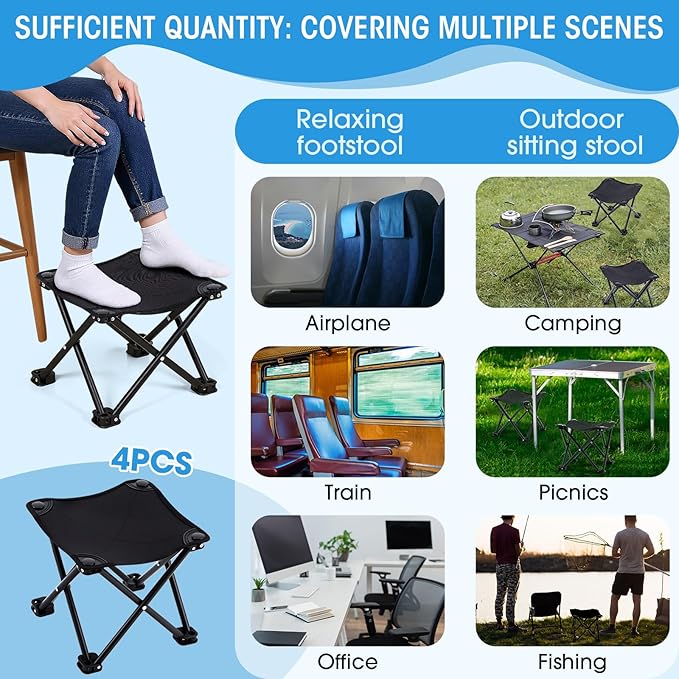 Ripeng 4 Pcs Portable Airplane Travel Foot Rest, Folding Camping Stool, Under Desk Foot Rest at Work for Long Flight, Home and Office Outdoor Hiking Fishing with Carry Bag (Black)