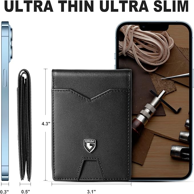 GSOIAX Slim Wallet for Men Rfid Blocking Leather Bifold Front Pocket Carbon Fiber Men's Money Clips Credit Card Holder With Gift Box