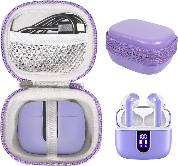 Case for TAGRY X08 Bluetooth Headphones True Wireless Earbuds 60H, mesh Pocket for Charge Cable (Purple)