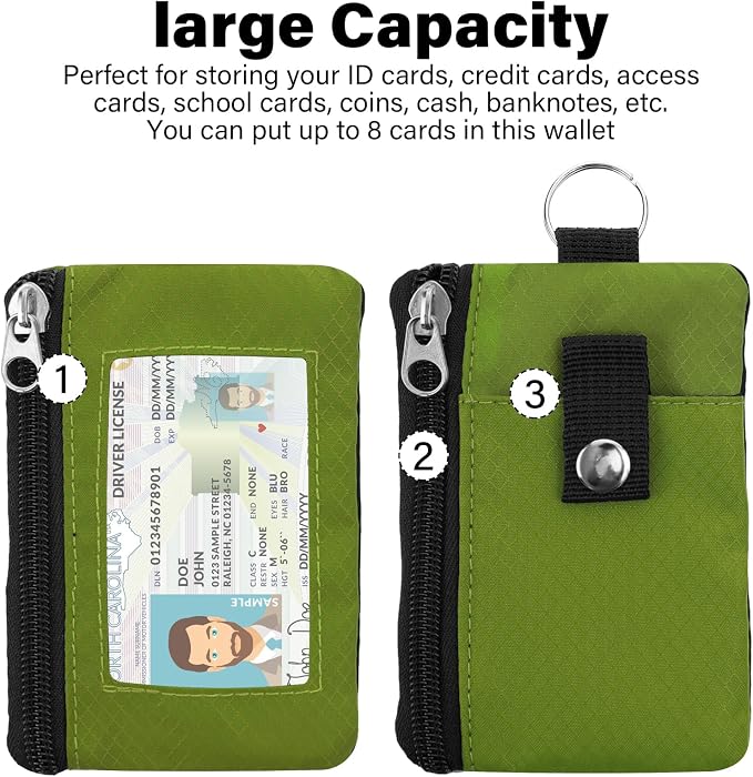 Minimalist Small Wallet for Men Women with 2 Zip Pockets, Multi Functional ID Case with Keychain and Card Holder, Coin Purse Badge Lanyard Pouch for Boys Girls Travel - Grass Green
