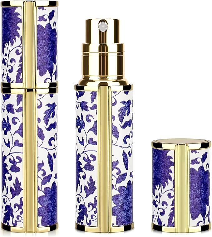 LUEXBOX Portable Perfume Bottle for Travel, Mini Refillable Perfume Dispenser, 5ml Faux Leather Leak Proof Perfume Atomizers, Blue and White Bottles Sprayer for Pocket Perfume (Blue branch)