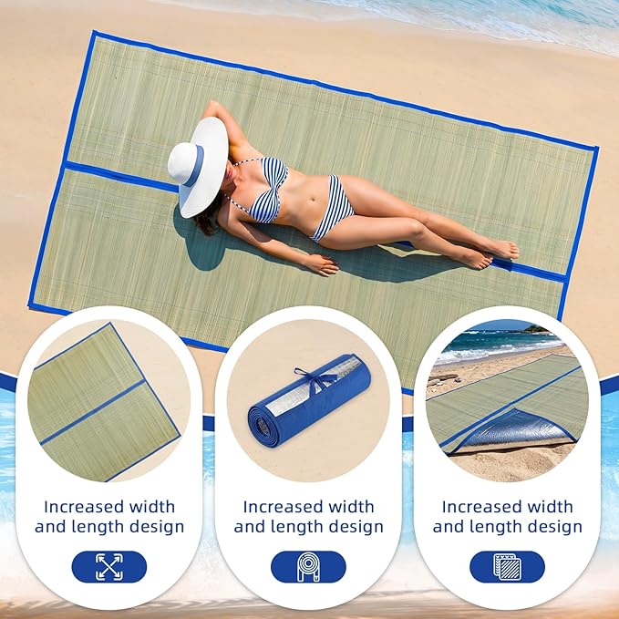 U0U 70x31.5inch Straw Beach Mat with Heat Insulation Aluminum Film,Foldable Breathable Natural Straw Mat for Insulate Beach Heat and Beach Picnic Camping Tent Crawling Yoga