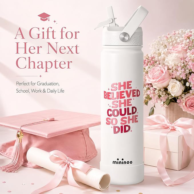 mininoo 2026 Graduation Gifts, 24 oz Insulated Stainless Steel Water Bottle Straw Lid, She Believed She Could So She Did, Cup Holder Friendly Bottle for Women Girls