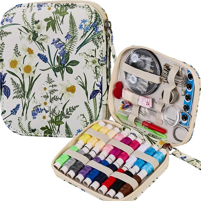 Printing Sewing Kit Bluebell Pattern Sewing Set Travel Sewing Supplies with Zipper Sewing Kit Case, 87 PCS Professional Sewing Accessory for Emergency, Home