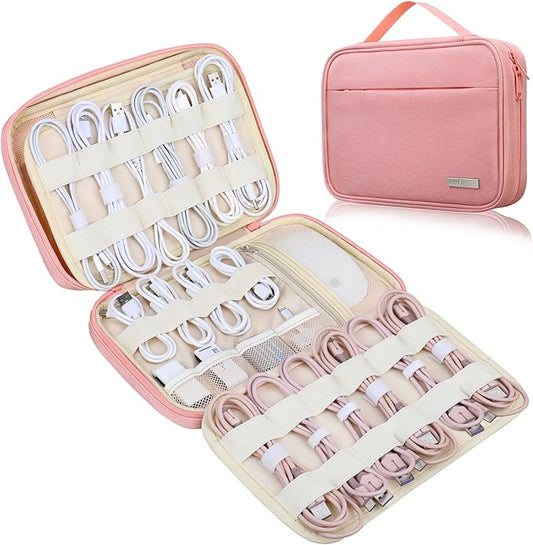 Lacdo Cord Organizer Travel, Cable Organizer Bag Case, Portable Electronics Organizer Travel Case, 6 Layer Large Capacity Charging Cords Storage organizer for Cables, SD Card, Travel Essentials, Pink