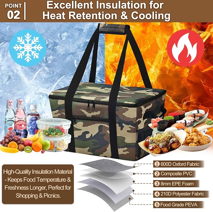 Reusable Grocery Bag – Expandable Insulated Cooler Bag with Bottom Board, Collapsible Insulated Shopping Bag with Zipper & Drawstring, Heavy Duty Tote Bag for Shopping, Delivery, Picnic, Beach