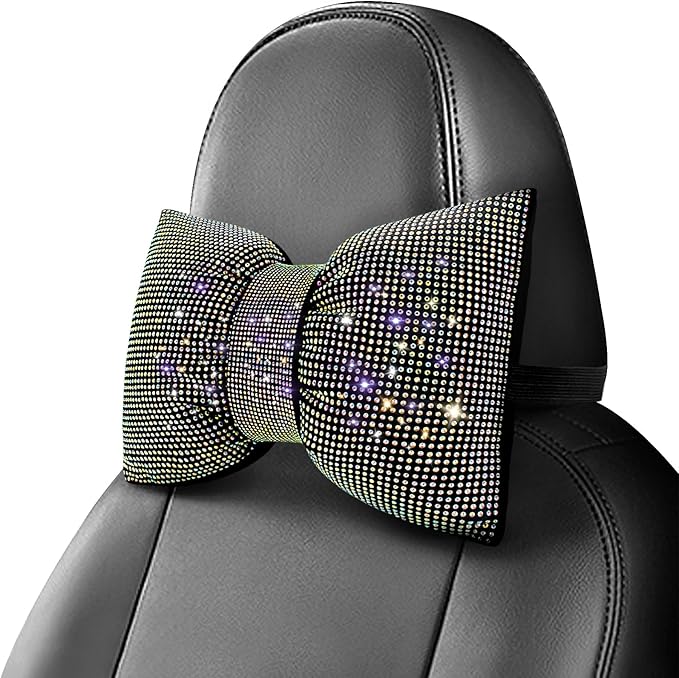 surpassme 2PCS Rhinestone Car Headrest Neck Pillow for Driving with Bling Bling Crystal Bow Pillow Car Accessories for Women (Color)