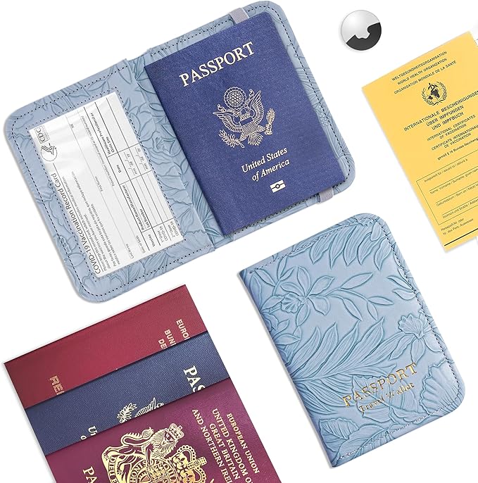 lizimandu Passport Holder with Airtag Slot, Airtag Passport Wallet for Men Women, Slim Leather Passport Holder Case Family for Travel Anti-Lost(1-Carved Light Blue)