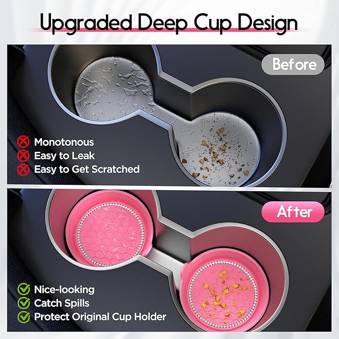 Amooca Car Cup Coaster Universal Non-Slip Cup Holders Bling Crystal Rhinestone Car Interior Accessories 2 Pack Peach Pink