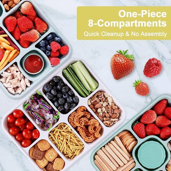 Snackle Box Container, Large 8-Compartment Divided Serving Tray with Lid and Handle, Portable Snack Tray for Travel Party Beach Picnic, Dishwasher Safe, BPA-Free, Wheat Straw