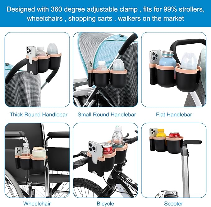 Accmor Stroller Cup Holder with Phone Holder, Bike Cup Holder, Universal Cup Holder for Uppababy Nuna Doona Strollers, 2-in-1 Cup Holder for Walker, Wheelchair, Scooter