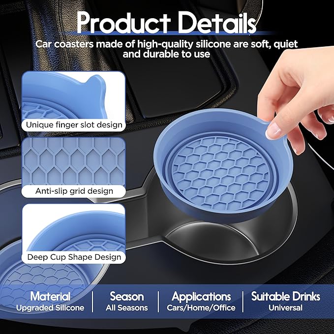 Amooca Car Cup Coaster Universal Automotive Waterproof Non-Slip Cup Holders Sift-Proof Spill Holder Car Interior Accessories 2 Pack Gray Blue