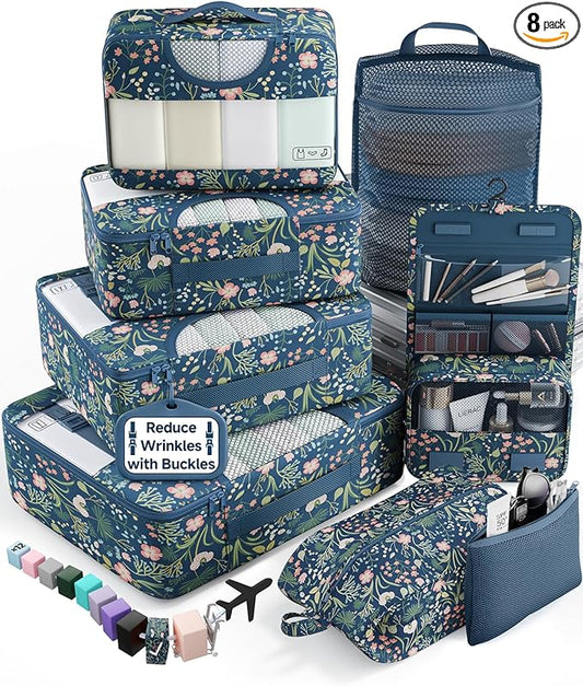 Veken 8 Set Packing Cubes for Travel Essentials,Anti-Wrinkle Buckled Suitcase Organizer for Shoe & Toiletry Bag,Carry On Luggage Bag for Airplane & College Dorm Room Accessories,Women Men Gifts