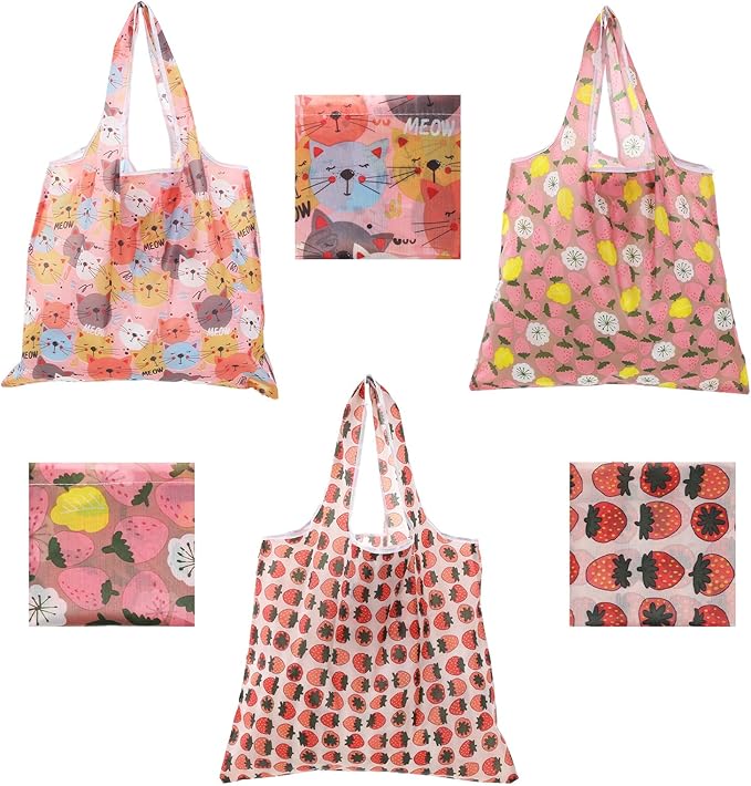 Ouligay 3 PCS Foldable Reusable Shopping Bags Foldable Grocery Bags 46×40cm Machine Washable Polyester Large Reusable Tote Bag for Daily Shopping Supplies Women Supermarket (1 Cat, 2 Strawberries)