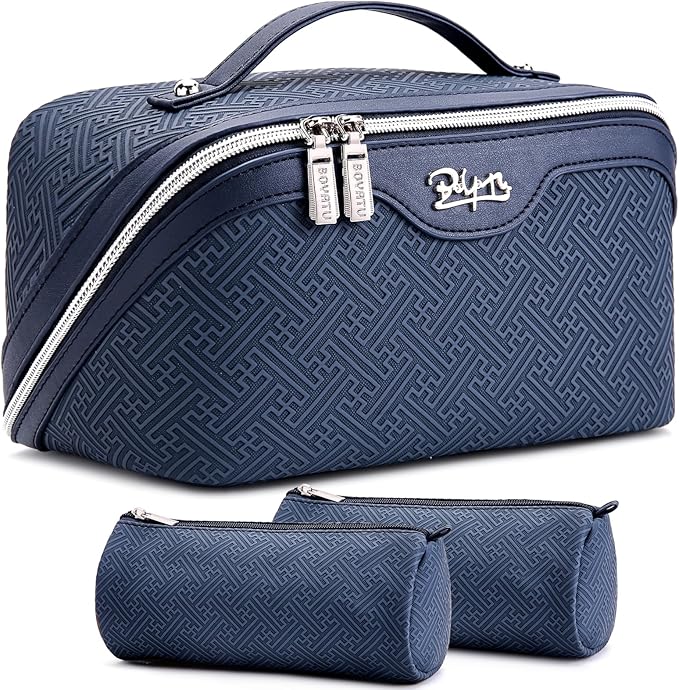 BOYATU Travel Makeup Bags for Women: Vintage Roman Column Texture Large Capacity Cosmetic Bag - Each Journey, Quiet Luxury Serenity - 3 Pcs Set Organizer Toiletry Purse 50% Extra Storage(Indigo)