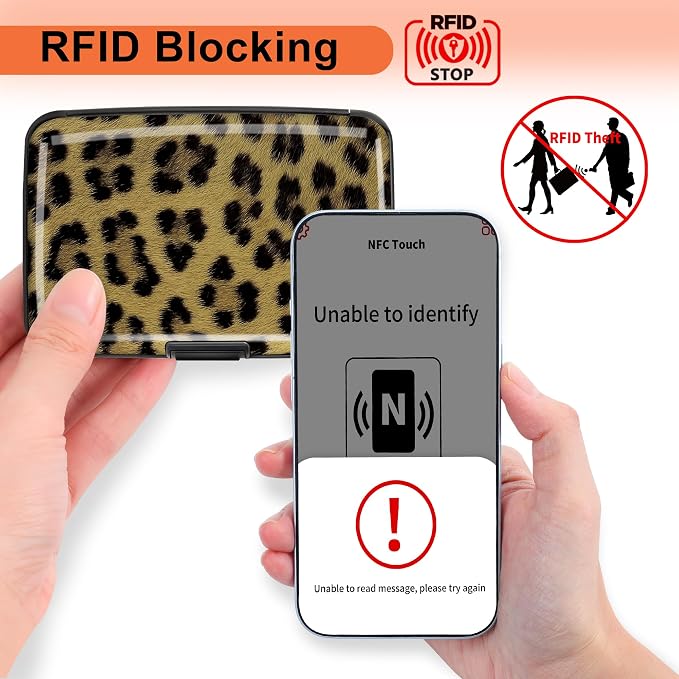 Mayski 2 Pack Credit Card Holder for Women, RFID Blocking, Leopard Aluminum Alloy Hard Case, Small Mini Business Metal Wallet for Men