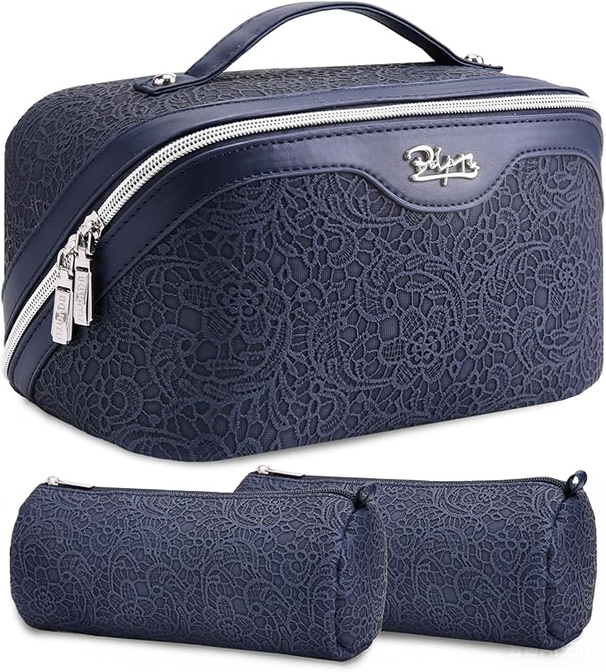 BOYATU Travel Makeup Bags Cosmetic Organizer Bag: 3 Pcs Set Large Capacity Make up Bag with Compartments - Waterproof Leather Toiletry Bags with Handle for Women (A-Dard Blue)