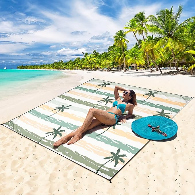 HIHOHO Beach Blanket Waterproof Sandproof Beach Mat 79”x 83” for 1-8 Adults Quick Drying Durable Outdoor Picnic Mat for Beach Festival Travel Camping Hiking (Stripes Cocotree-YL&GN, 79"×83"(4 Person))