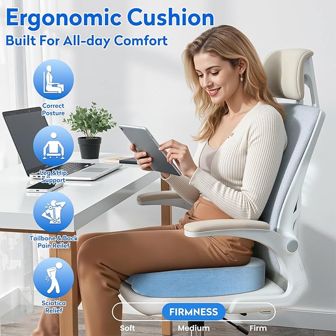 CushZone Seat Cushion, Office Chair Cushions, Car Seat Cushion, Non-Slip Sciatica & Back Coccyx Tailbone Pain Relief Chair Pad, Memory Foam (Light Blue)