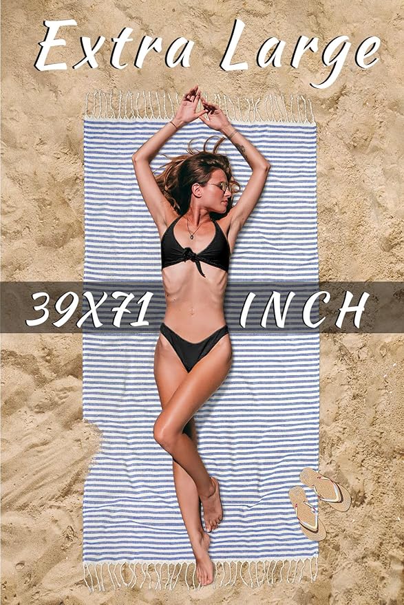 cabanana Turkish Beach Towel Oversized - 40"x70" Quick Dry Sand Free Thin Beach Towels for Adults,Extra Large Cotton Lightweigh Travel Towel for Beach Accessories (Blue)