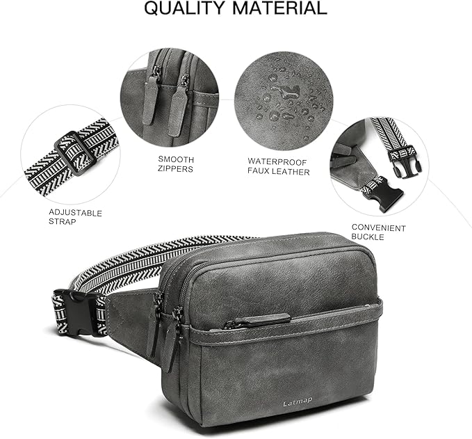 LATMAP 3L Fanny Packs Belt Bag for Women Small Everywhere Crossbody Bag Waist Packs Faux Leather Sling Chest Travel Purse