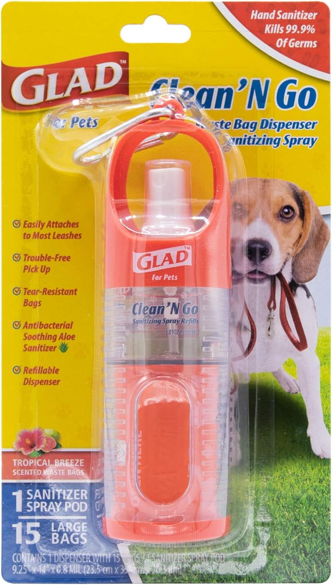 Glad for Pets Clean & Go Waste Bag Dispenser & Antibacterial Soothing Aloe Hand Sanitizer Spray | With Poop Bag Holder, 15 Bags in Tropical Breeze Scent & Mini Hand Sanitizer (Pack of 2)