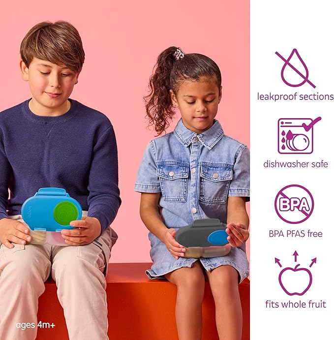 b.box Snack Box 2 Pack - Leak Proof Mini Bento Box for Kids & Toddlers, 2 Compartment Snack Containers for Kids, Dishwasher Safe, BPA Free, PFAS Free, Ages 4m+, 1 3/4 Cup Each (Ocean Blue + Slate)