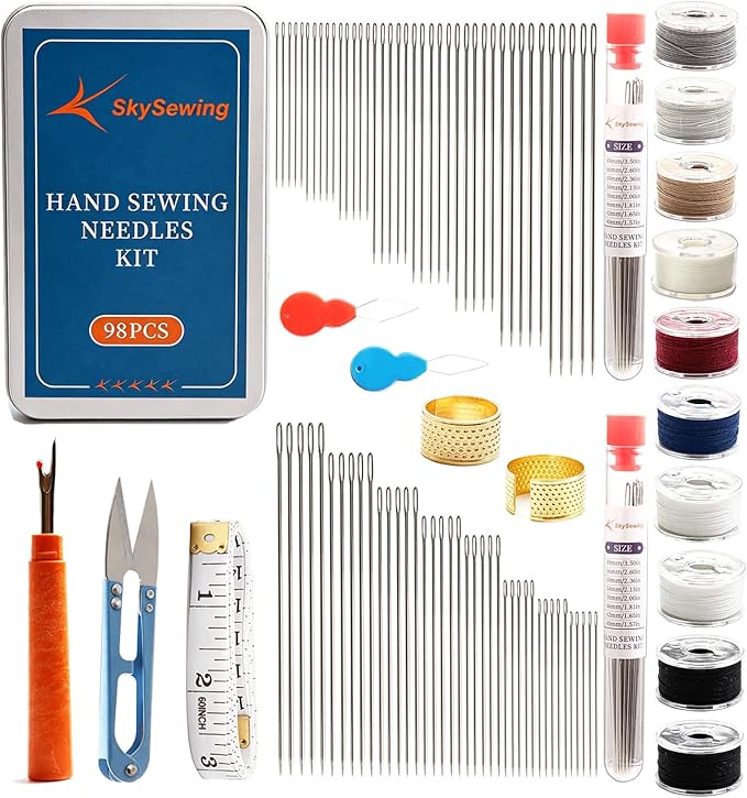 SkySewing 98PCS Large Eye Hand Sewing Needles Kit with Metal Box, Mini Sewing Kit with Threaders, Thimbles, Seam Ripper, Portable Sewing Repair Kit for Adults Beginner Travel Clothing Repair Home Use