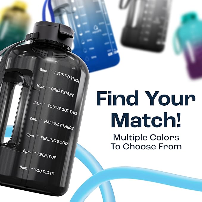 AQUAFIT 128 oz Water Bottle with Time Marker - Straw & Chug Lid - BPA Free 1 Gallon Gym Water Bottle with Handle - Big Gallon Jug (Midnight Gray, 128 Ounces)